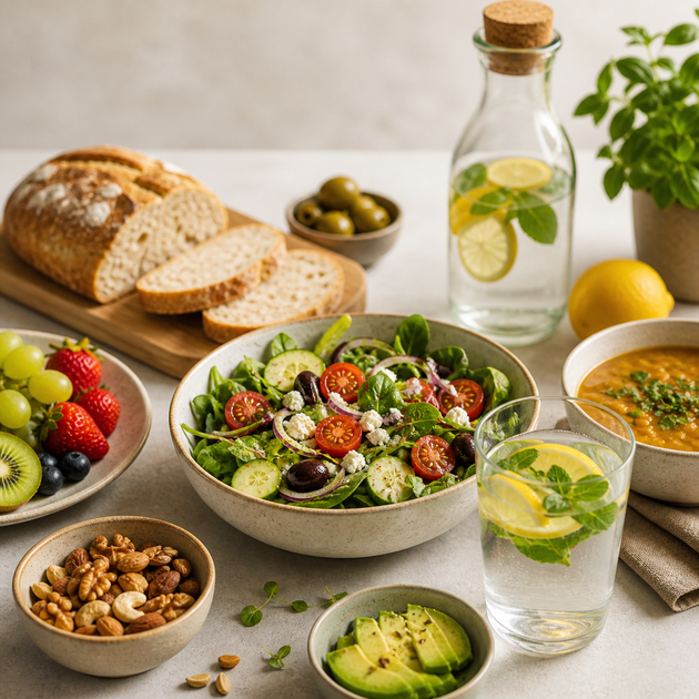 Ein Salat umringt mit Lebensmitteln, Wasser